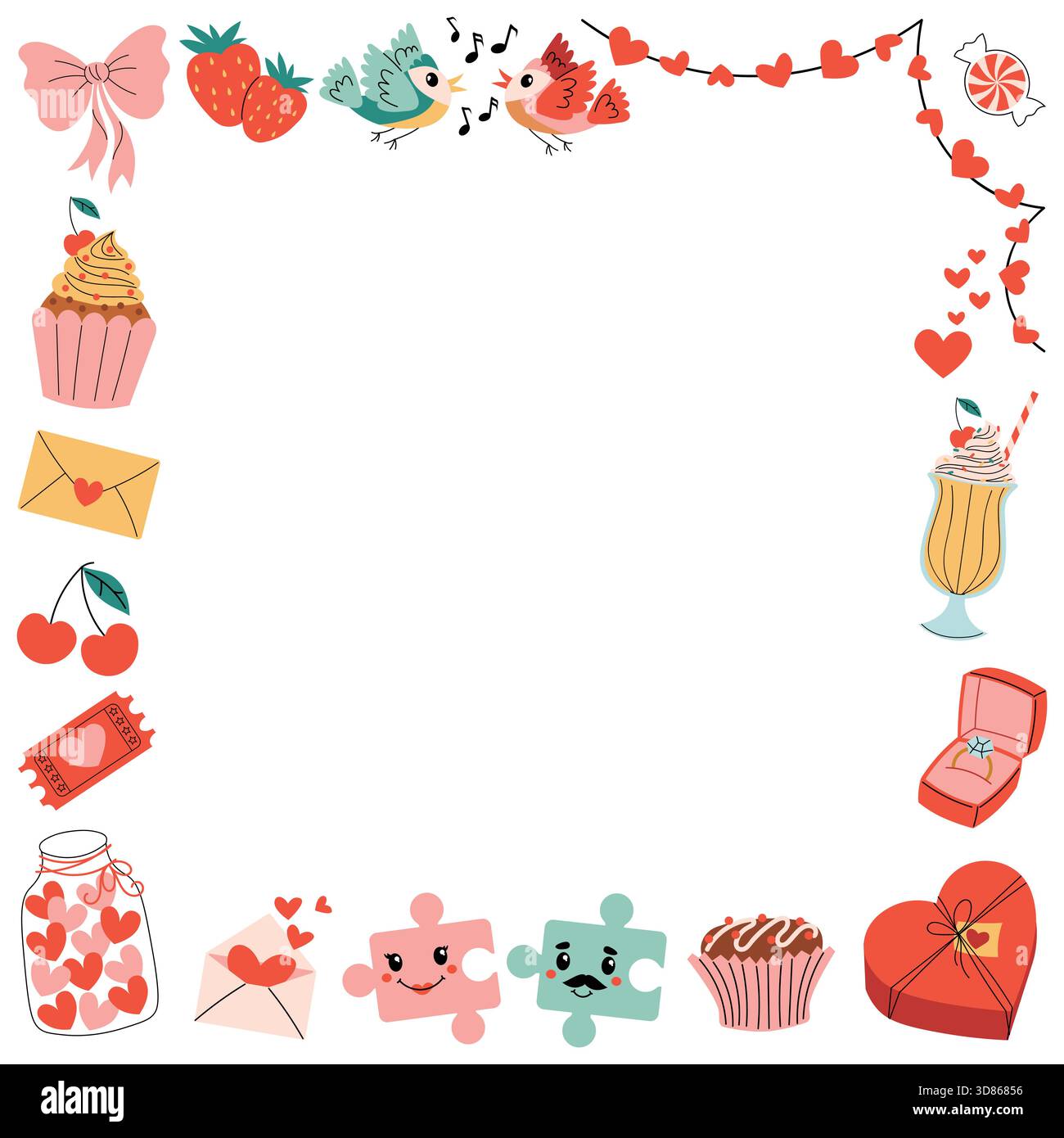Farbenfroher quadratischer Rahmen mit Happy Valentines Day Elementen wie Singvögel, Puzzle-Paar, Milchshake, Cupcakes, Erdbeere, Cherry, hören Sie Stock Vektor