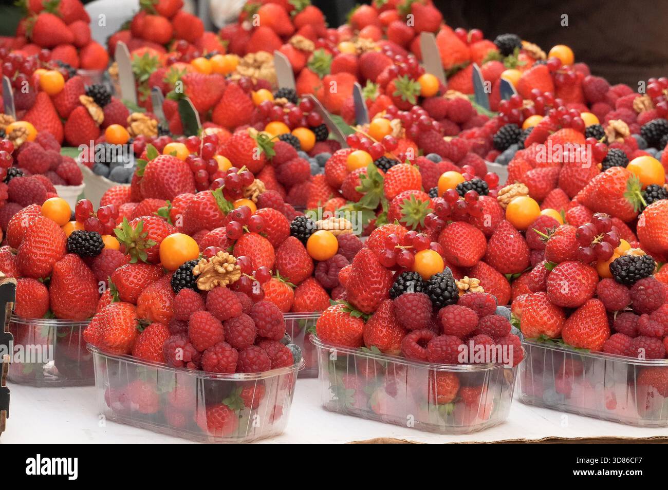 Заголовок Himbeeren und Brombeeren auf einem Marktstand. Stockfoto