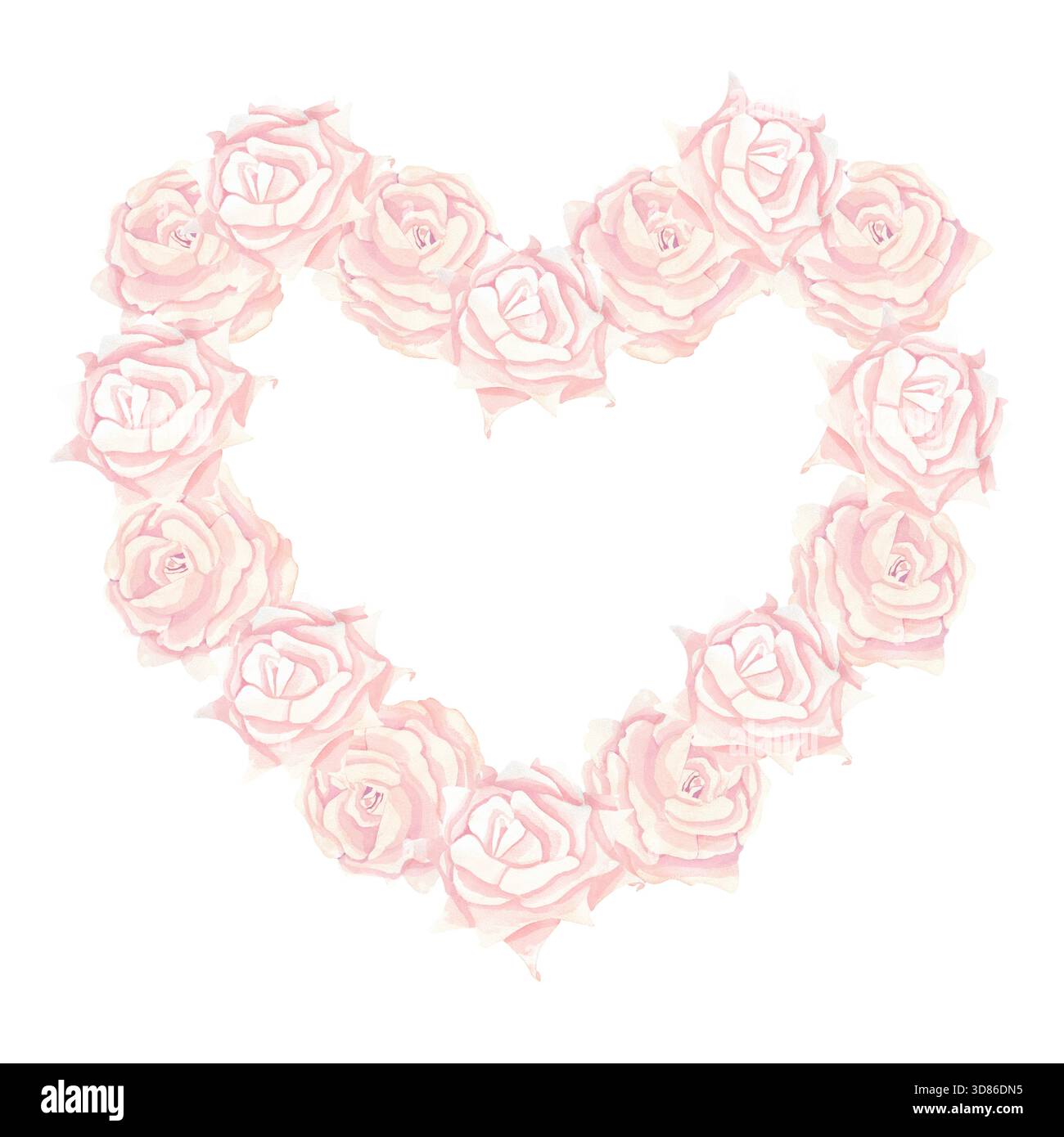 Ein romantischer Rahmen aus zarten Pfirsichrosen. Die Illustrationen sind in Aquarellfarben dargestellt. Diese ausdrucksstarke und wunderbar naturalistische Komposition ist perfec Stockfoto