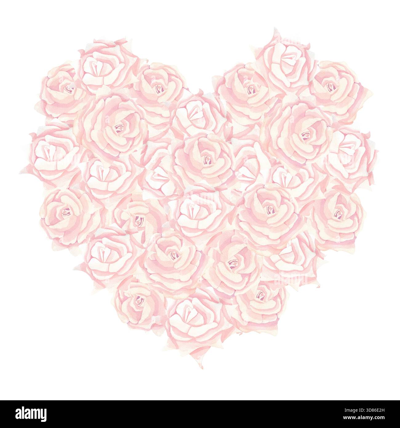 Ein Bouquet zarter Pfirsichrosen in Herzform. Die Illustrationen sind in Aquarellfarben dargestellt. Diese ausdrucksstarke und wunderbar naturalistische Komposition Stockfoto