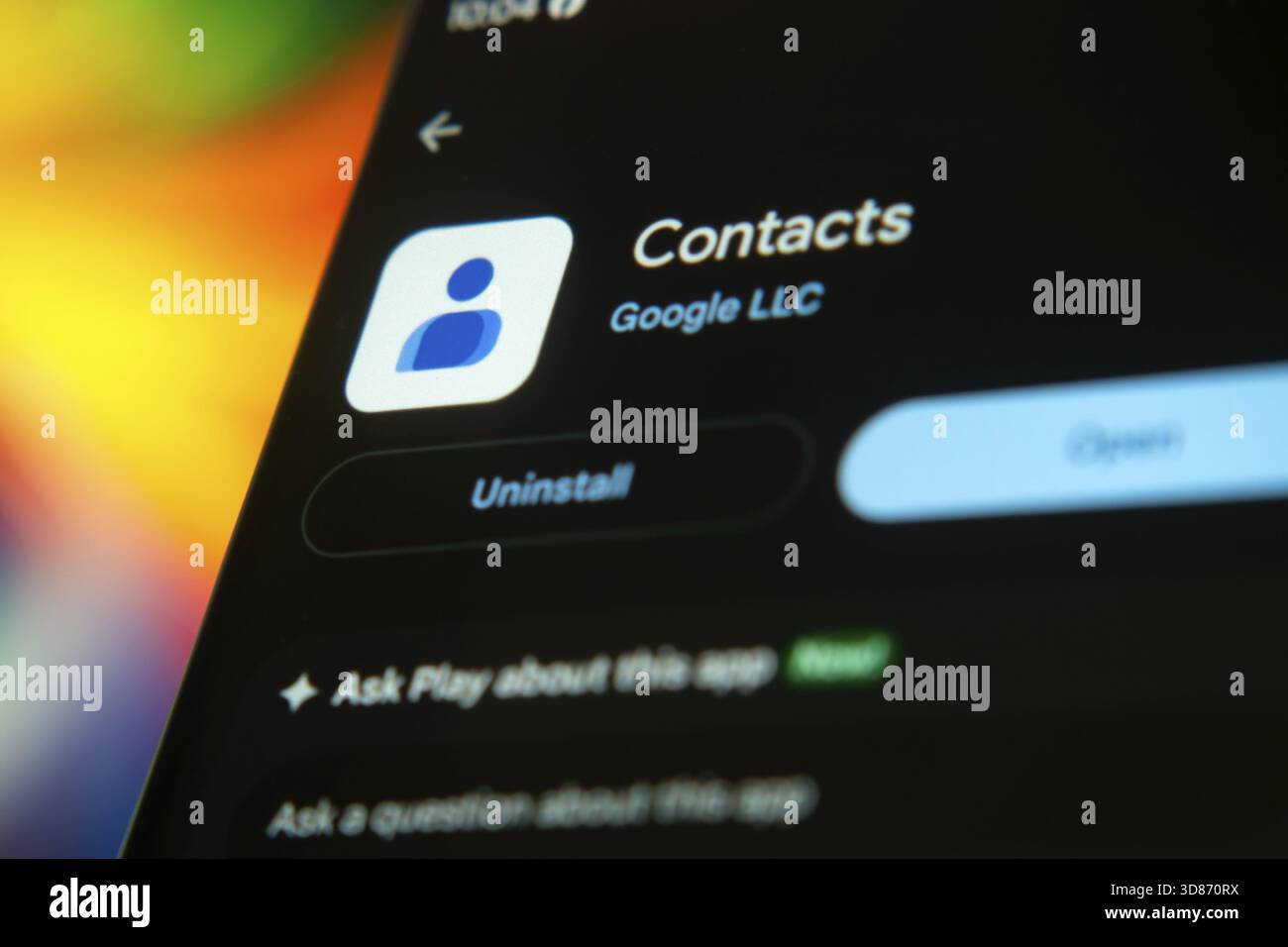 Google Kontakte App-Oberfläche mit Funktionen zur Kontaktverwaltung auf einem mobilen Bildschirm Stockfoto