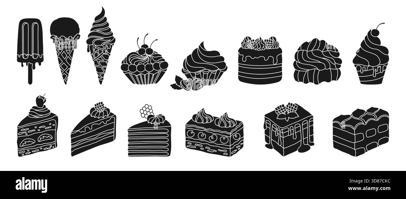 Kuchen, Kuchen und Eis, verschiedene Desserts Gravur Set. Geburtstag verschiedene Scheiben Kuchen Textur Illustration. Süße Weihnachtsbäckerei Kunst. Vektor Hand gezeichnetes Silhouettendesign Stock Vektor