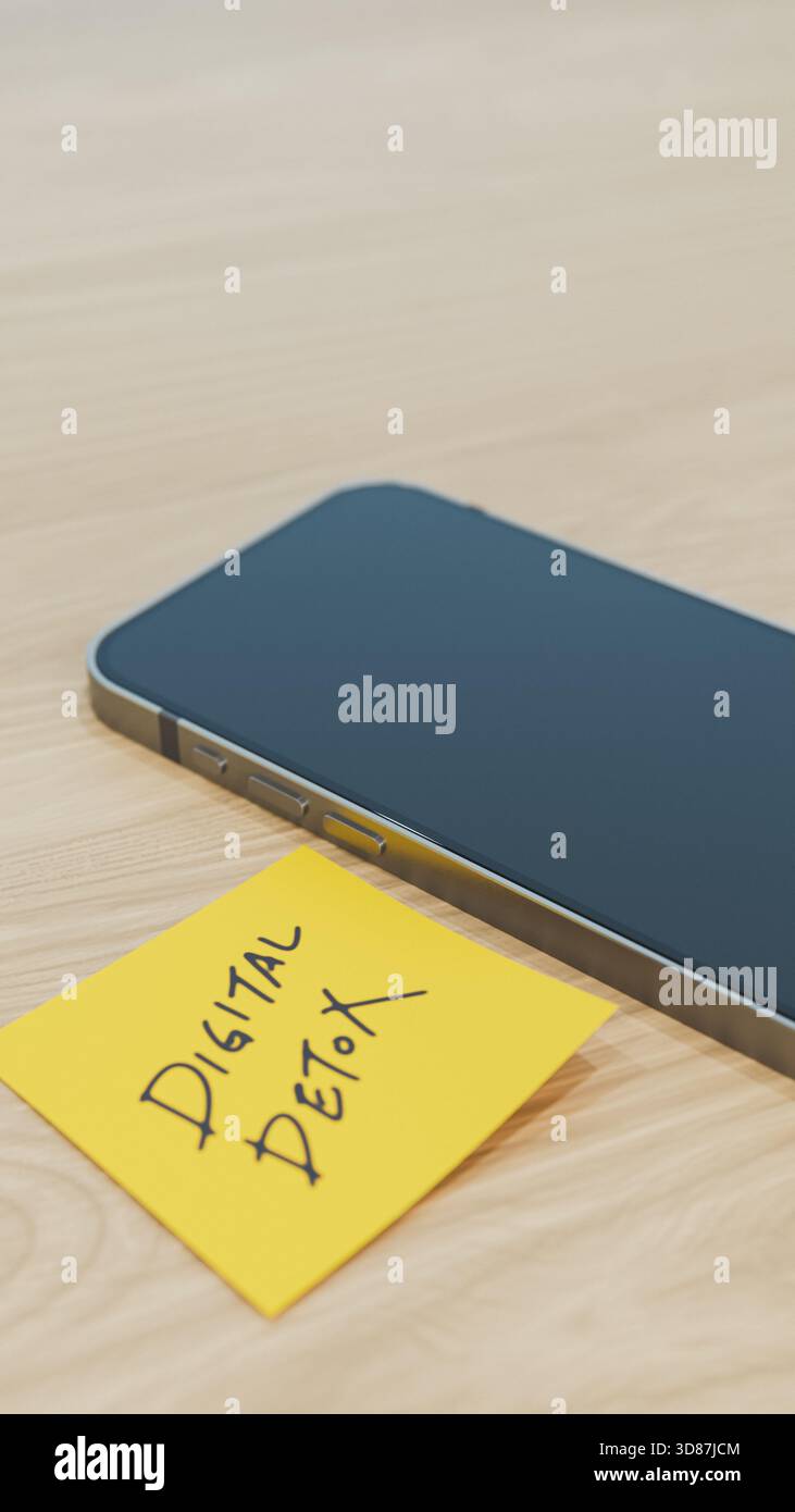 Digitale Detox-Haftnotizen und vertikaler Kopierbereich für Smartphones. 3D-Rendering Stockfoto