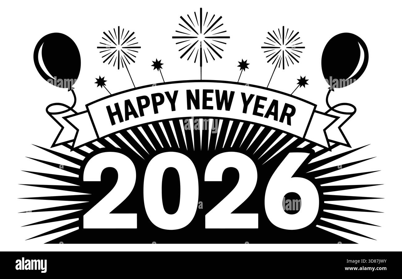 Happy New Year 2026 Vektor Banner, festliches Festdesign mit Feuerwerk und Ballons, moderner Gruß für die kommende Weihnachtszeit. Stock Vektor