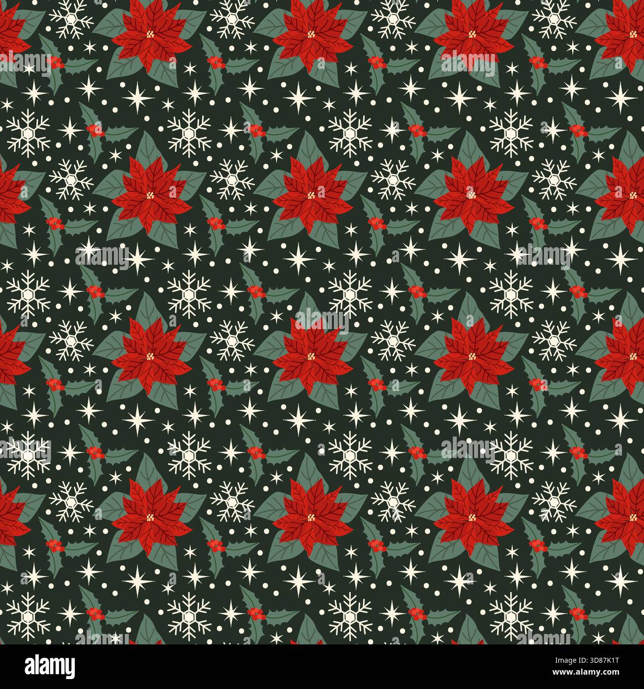 Nahtloses Weihnachtsmuster mit Weihnachtsstern und festlichen Elementen. Vintage-Blumenhintergrund mit Winterpflanzen, Schneeflocken und Holida Stock Vektor