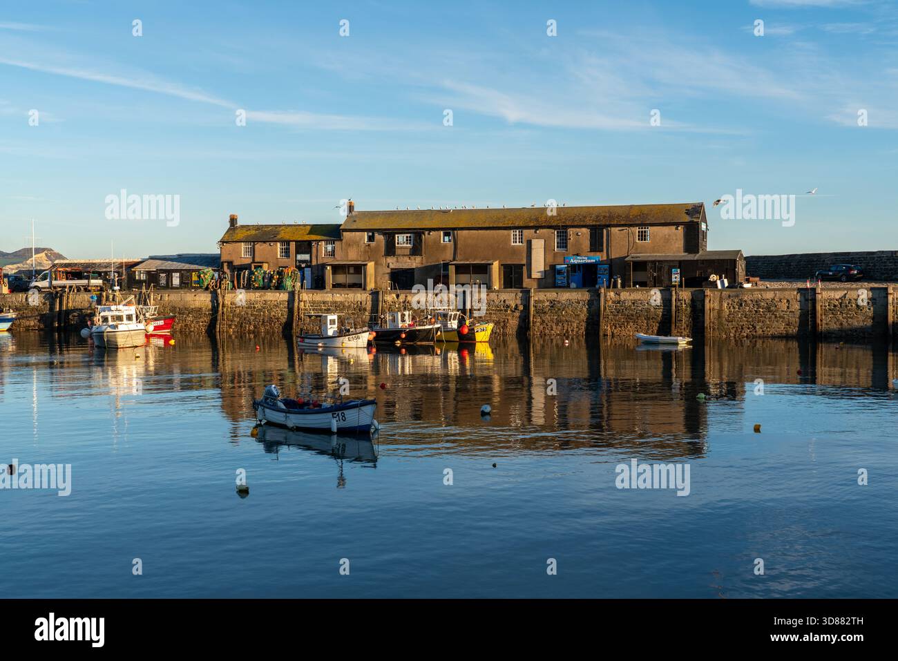Malerischer Blick auf den Hafen in Lyme Regis während der goldenen Stunde, mit verankerten Booten und warmes Sonnenlicht reflektiert auf dem Wasser, Dorset, Großbritannien. Stockfoto