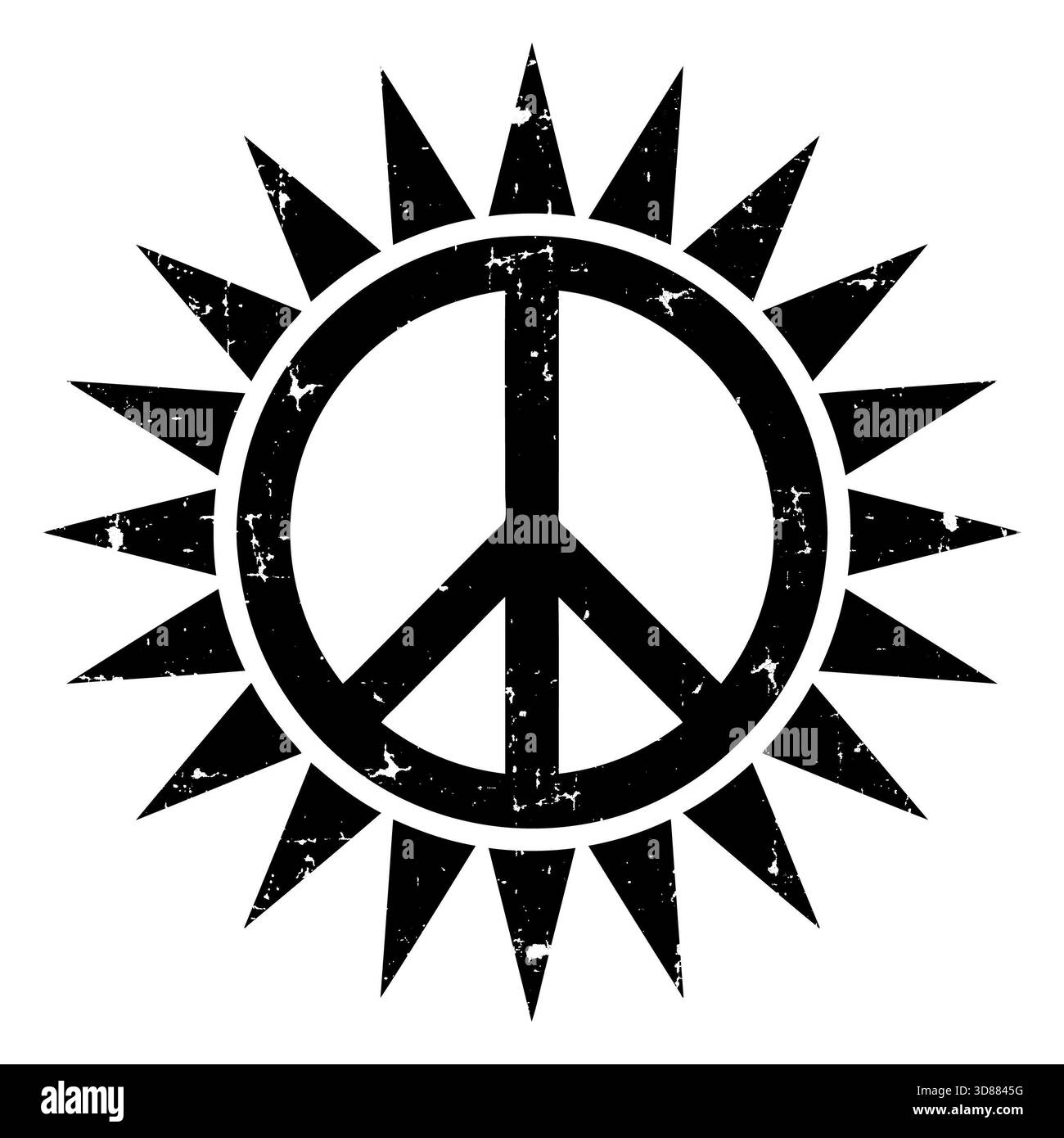 Friedenszeichen-Symbol in einer Sonne mit Grunge-Effekt Stockfoto