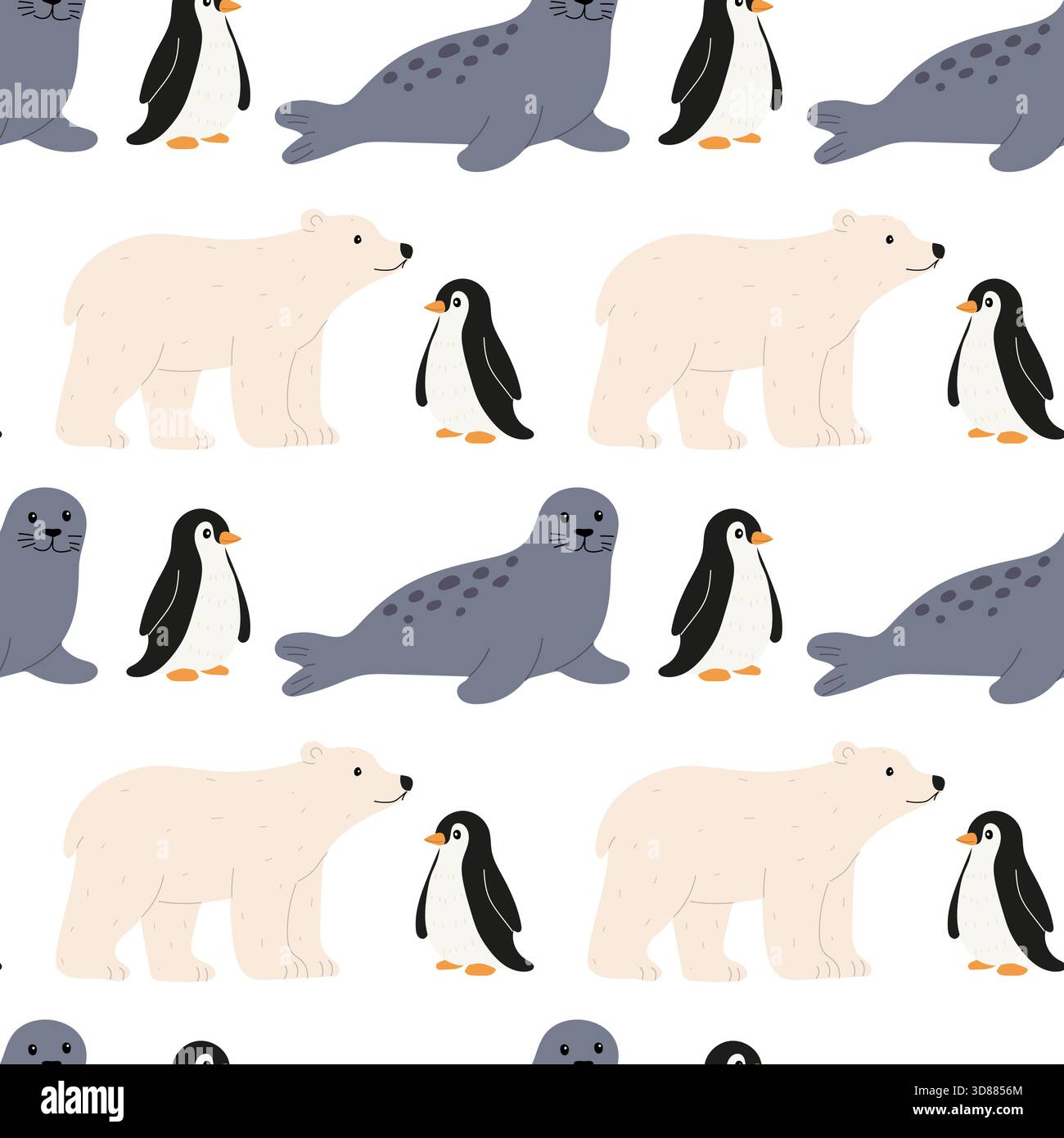 Dieses Design zeigt ein verspieltes Muster von Polartieren, darunter Robben, Pinguine und Eisbären, alle auf weißem Hintergrund. Stock Vektor