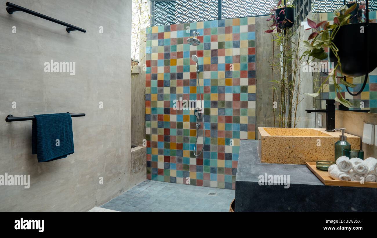 Eine farbenfrohe Duschkabine mit einer grünen Pflanze darüber. Die Dusche hat einen schwarzen Griff und einen weißen Seifenspender Stockfoto