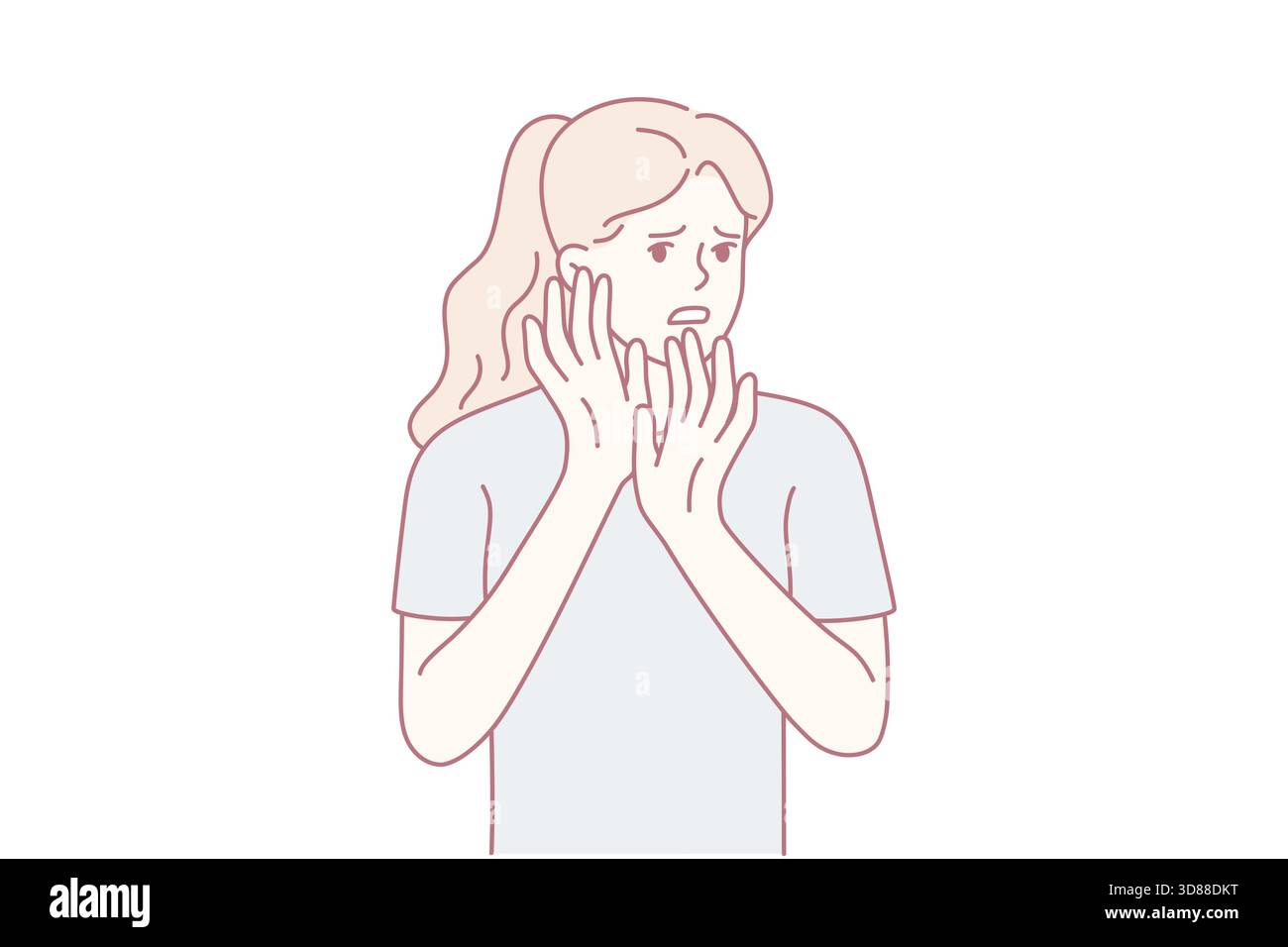 Frau, die den Mund im Schock bedeckt, pastellfarbene Linienzeichnung empfindlicher Hände nahe dem Gesicht, überraschter Ausdruck, freischaffender Designer, der auf unerwartete Nachrichten reagiert, intime kontemplative Stimmung Stock Vektor