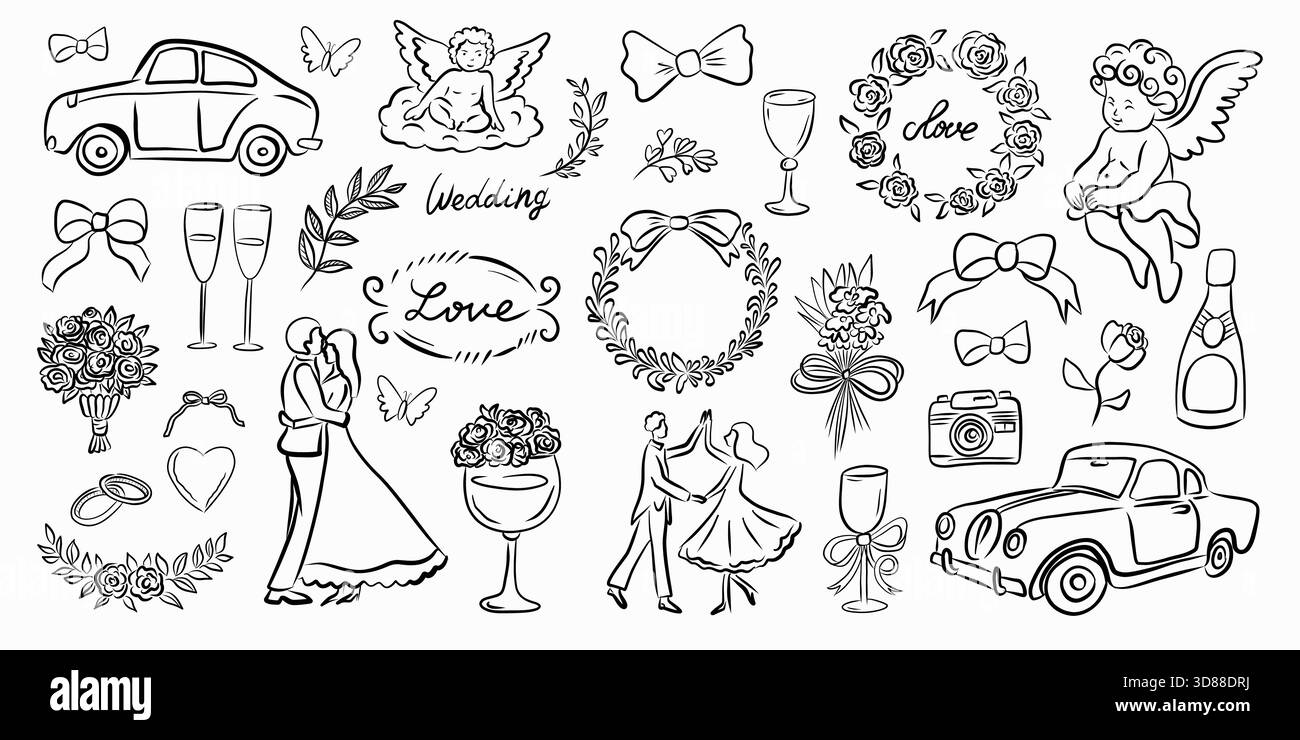 Entdecken Sie eine Vielzahl von entzückenden Hochzeitsgrafiken mit Paaren, wunderschönen Dekorationen und Symbolen Stock Vektor