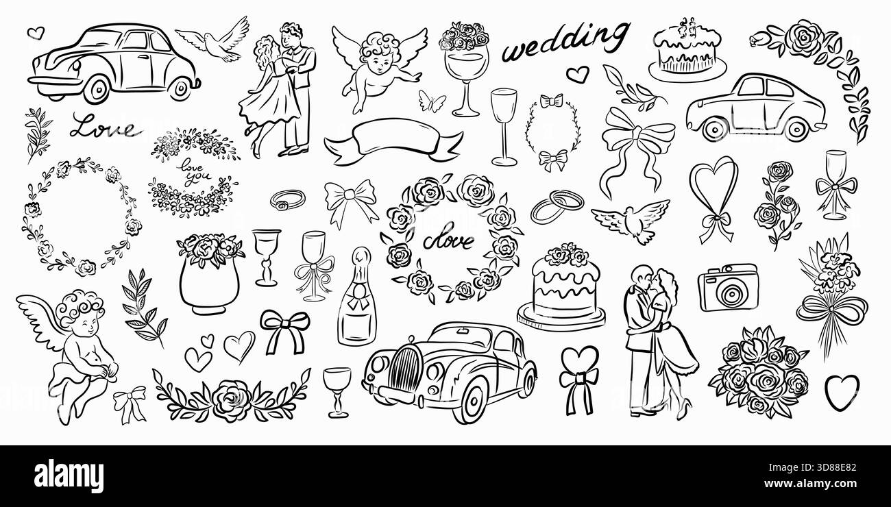 Eine wunderschöne Sammlung von Hochzeitsgrafiken mit Autos, Blumen, Herzen und bezaubernden Engeln Stock Vektor