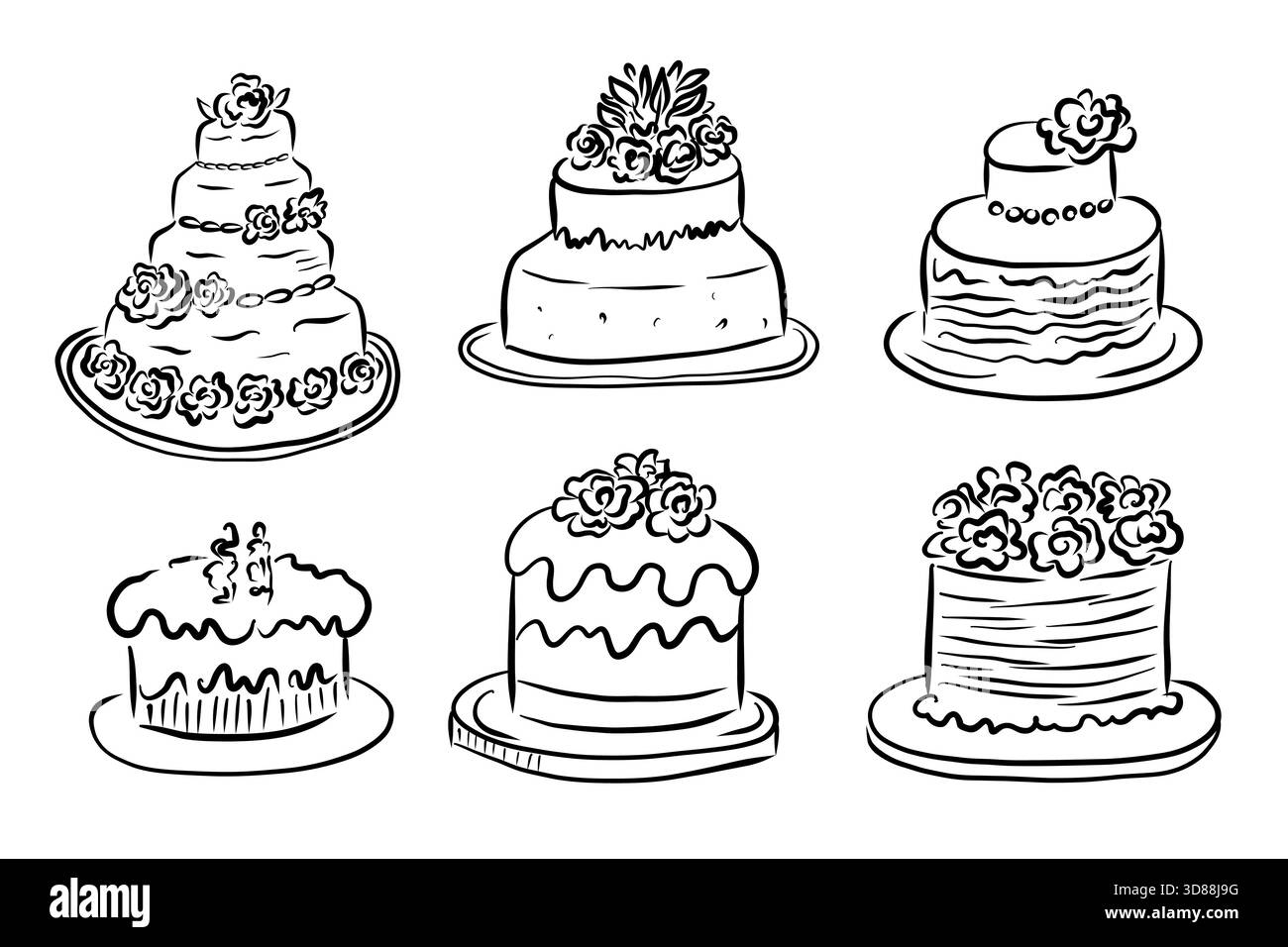 Diese atemberaubende Kollektion bietet wunderschön gefertigte Kuchen, die ideal für Geburtstage, Hochzeiten und besondere Anlässe sind Stock Vektor