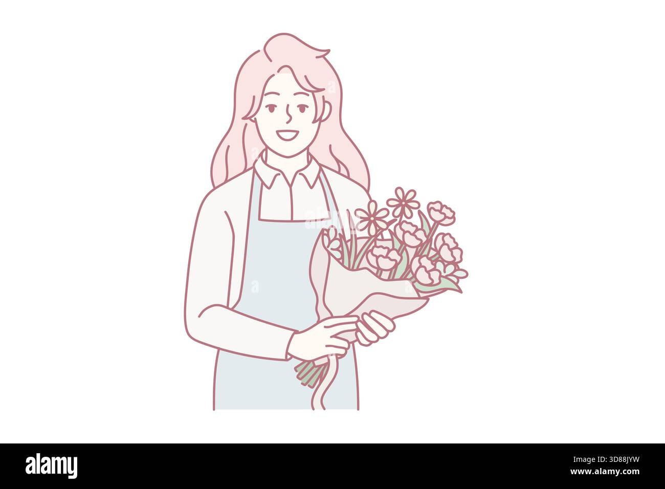 Portrait einer lächelnden Floristin in Schürze mit schönem Blumenstrauß. Glückliche Frau mit Blumen in den Händen, die in einem botanischen Laden arbeitet. Vektorgrafik. Stock Vektor