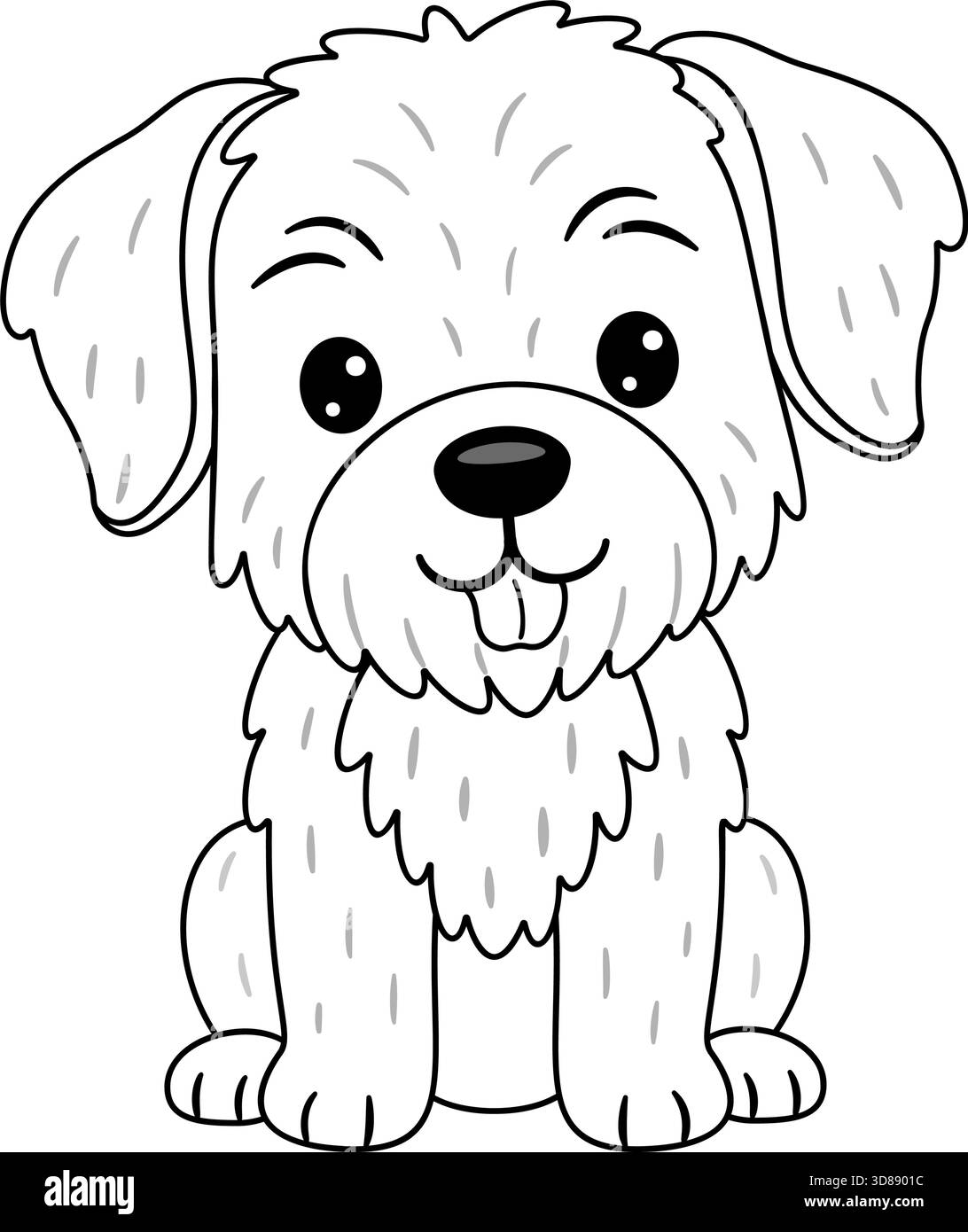 Flauschiger slowakischer Zeiger oder ähnliche Rasse sitzend mit der Zunge heraus. Schwarz-weiße Strichgrafik im Doodle-Stil. Ideal für Illustrationen mit Tiermotiven, lustige Ideen für Bastelprojekte und Ausmalseiten. Stock Vektor