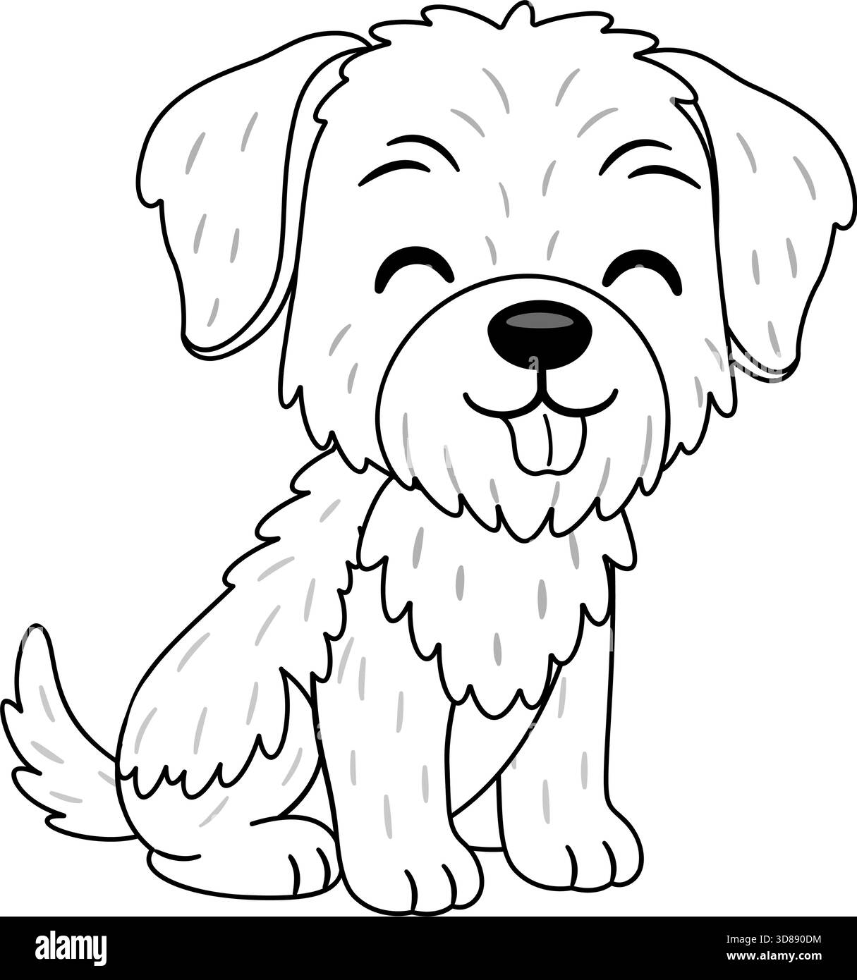 Flauschiger slowakischer Zeiger oder ähnliche Rasse sitzend mit der Zunge heraus. Schwarz-weiße Strichgrafik im Doodle-Stil. Ideal für Illustrationen mit Tiermotiven, lustige Ideen für Bastelprojekte und Ausmalseiten. Stock Vektor