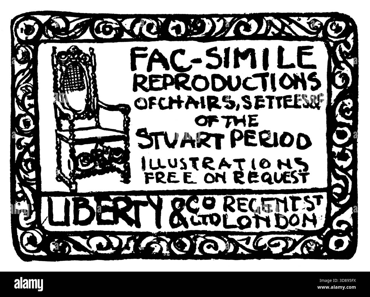 1910 Liberty of London handgezeichnete Faksimile-Reproduktion Möbelwerbung aus der Stuart-Zeit des Magazins Studio Stockfoto