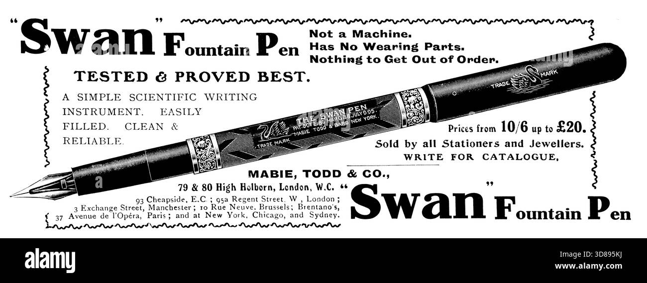 1910 Waterman’s ideal Füllfederhalter getestet und bewährt, Werbung aus dem Studio Stockfoto