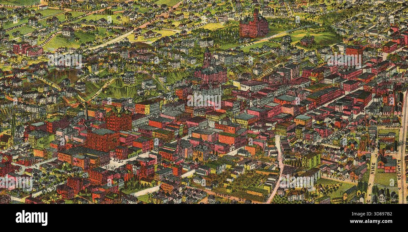 LOS ANGELES 1900 - 1894 Zeichnung von Bruce Wellington Pierce: Abschnitt von der Third Street (unten links) zur Plaza (oben rechts). Das Red Sandstone Courthouse mit seinem Uhrturm ist in der Mitte hervorzuheben. Rechts oben ist die Los Angeles High School am Fort Moore Hill. Stockfoto