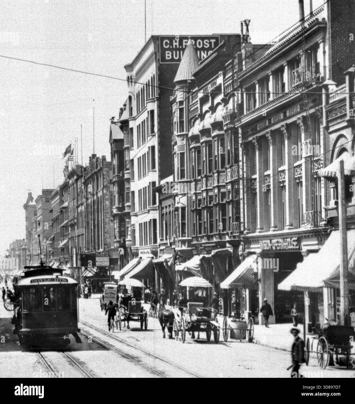 LOS ANGELES 1900 - von links nach rechts: C.H. Frost Building, Roanoke Bldg., Newell & Gammon Bldg. Und Mason Opera House Loas Langeles Stockfoto