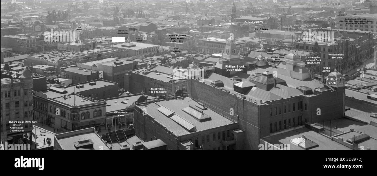 LOS ANGELES 1900 - William Henry Jackson Panoramaaufnahme des Geschäftsviertels von Los Angeles, c.1900-1902. Der Blick erstreckt sich vom Bullard Block südlich von Temple and Spring (links, unten) zum Burdick Block bei 2nd und Spring, rechts. Teile der Main Street und Los Angeles Street sind dahinter zu sehen. Die überwiegende Mehrheit der Gebäude wurde in dieser Ansicht abgerissen. Heute ist etwa die Hälfte des sichtbaren Gebiets das Rathaus und seine Anlage, und der Großteil des restlichen Gebiets beherbergt andere Gebäude im Stadtteil Civic Center. Stockfoto