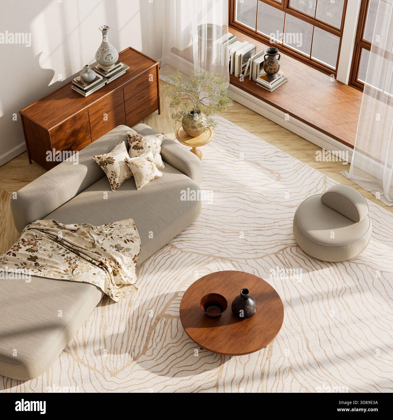 Das Design des Overheads mit weichen Materialien, ausgewogenem Licht und minimaler neutraler Farbpalette sorgt für ein gemütliches und elegantes Interieur. 3D-Abbildung. Stockfoto