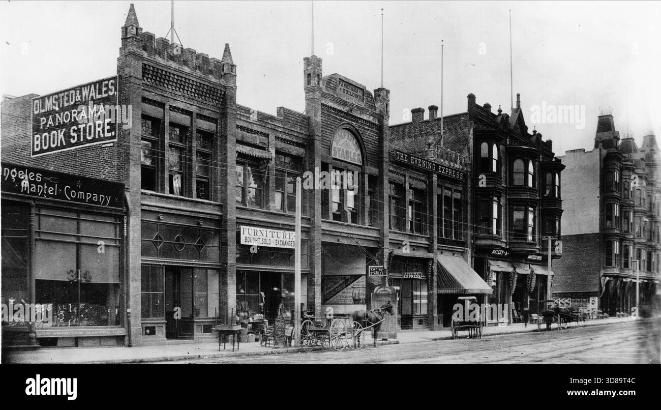 Panoramagebäude, E-Seite des Hauptgebäudes zwischen Mayo (3.) und 4., ca. 1890. Der Mitteleingang führte durch den Panoramaausstellungsraum im hinteren Bereich. Beachten Sie den Olmsted & Wales Panorama Buchladen und die Büros des Evening Express. Das Hotel Westminster befindet sich auf der rechten Seite an der nordöstlichen Ecke 4th/Main. Stockfoto