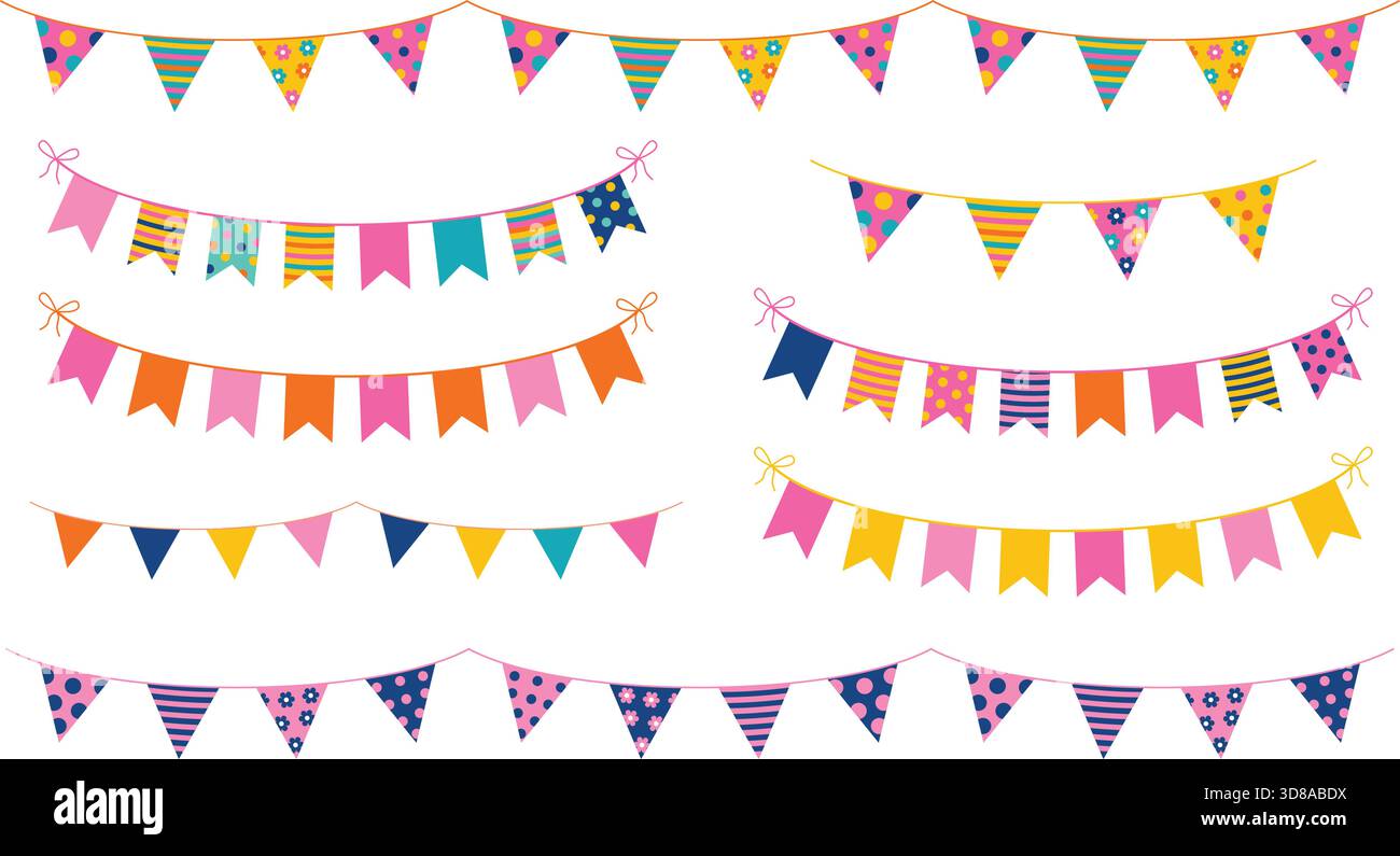 Vektor-Partybündchen mit bunten Fahnen mit Punkten und Streifen für Kindergeburtstage, Broschüren und Grafikdesign Stock Vektor