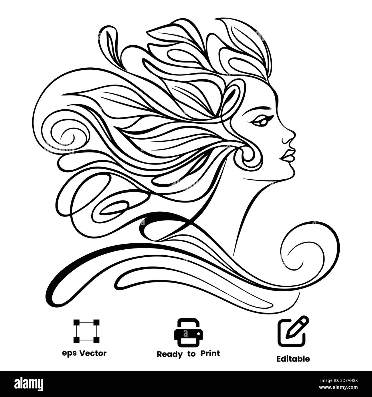 Anmutige Frau elegante künstlerische Dame Silhouette mit fließenden Haaren und Blattmotiv umweltfreundlich Vektor-Logo Stock Vektor