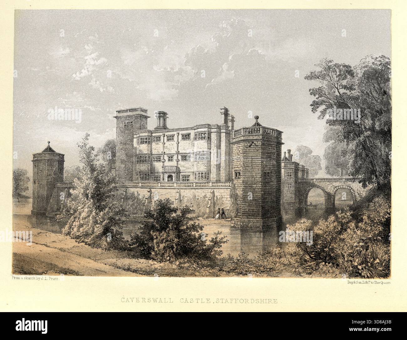 Caverswall Castle, Staffordshire., englisches Herrenhaus aus dem frühen 17. Jahrhundert, erbaut im castellar Stil Vintage Illustration Stockfoto