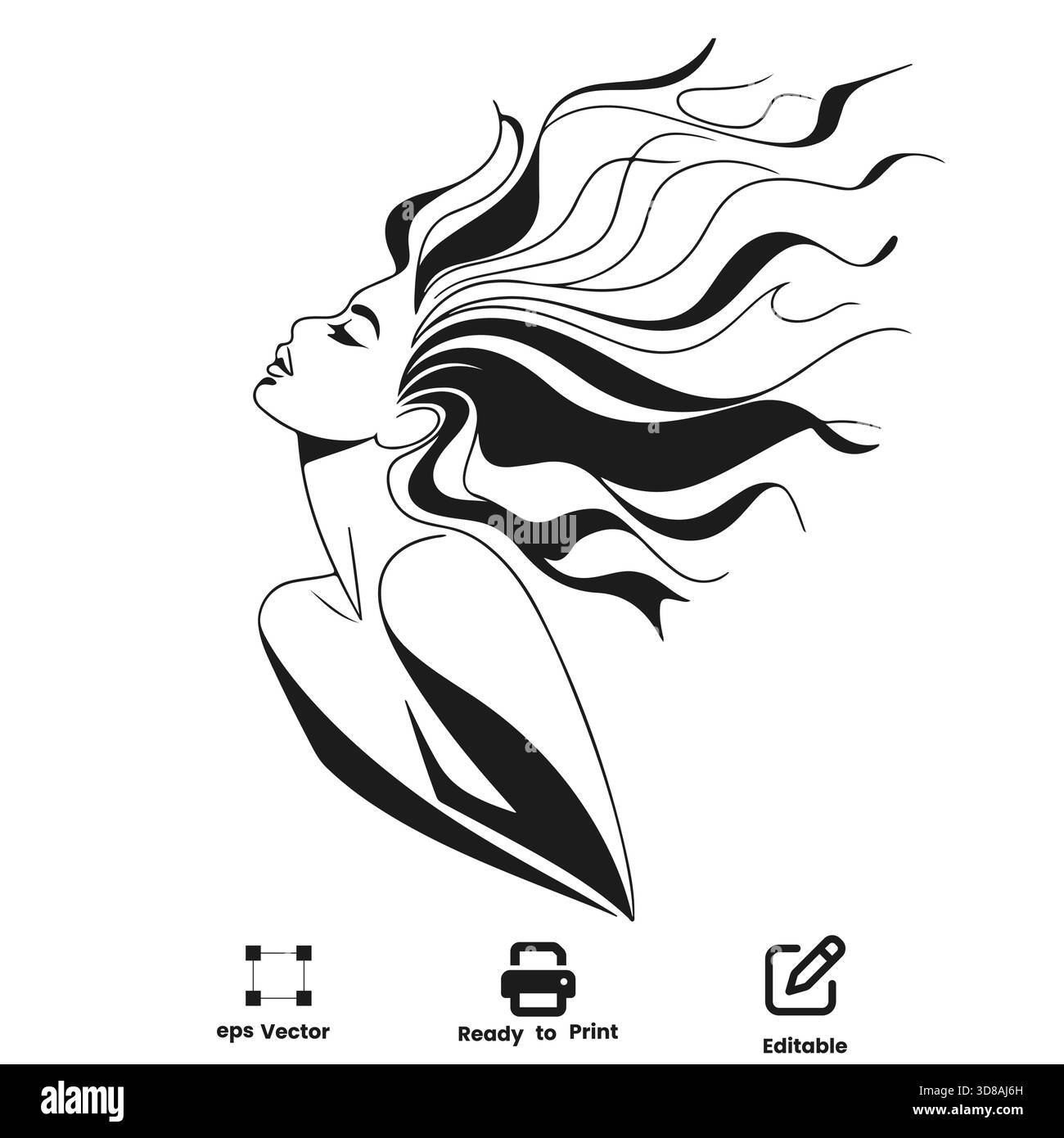 Anmutige Frau stilvolle künstlerische Dame Silhouette mit fließendem Haar Vektor-Kunst-Logo-Illustration Stock Vektor