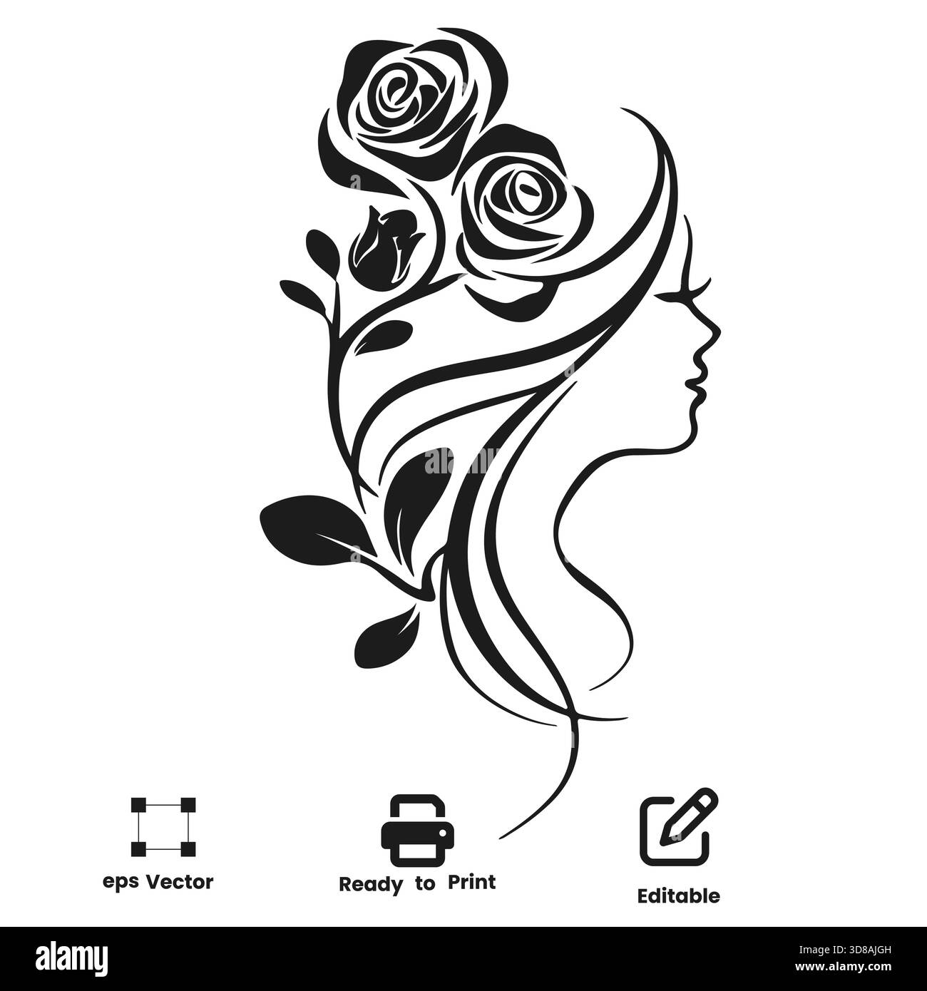 Anmutige Frau elegante künstlerische Dame Silhouette mit fließenden Haaren und Blattmotiv umweltfreundlich Vektor-Logo Stock Vektor