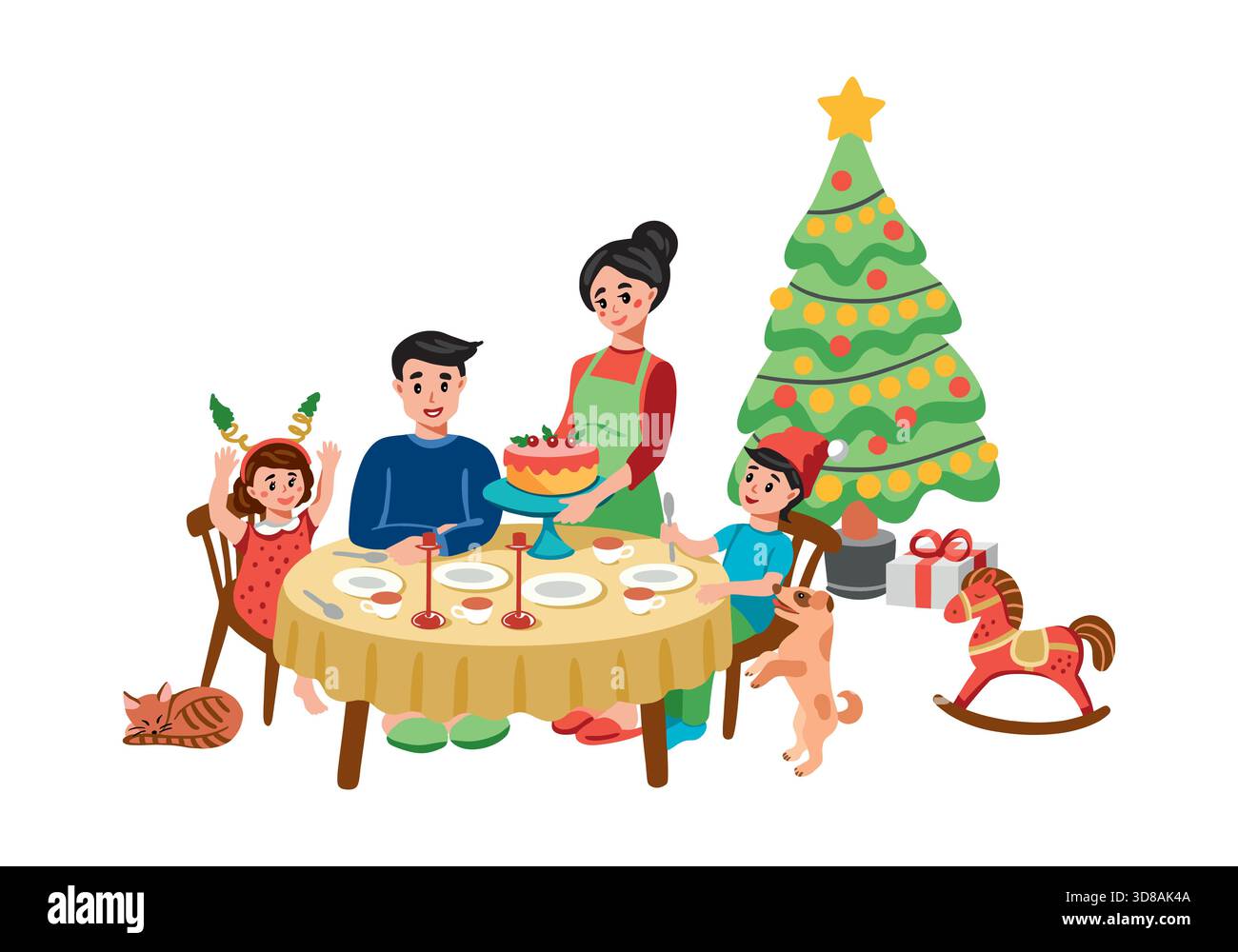 Familie sitzt am Weihnachtstisch, mit einer Tanne, einem Hund, einer Katze und einem Schaukelpferd. Die Tradition, zusammen zu kommen, mit Mutter, Vater und Kind Stock Vektor