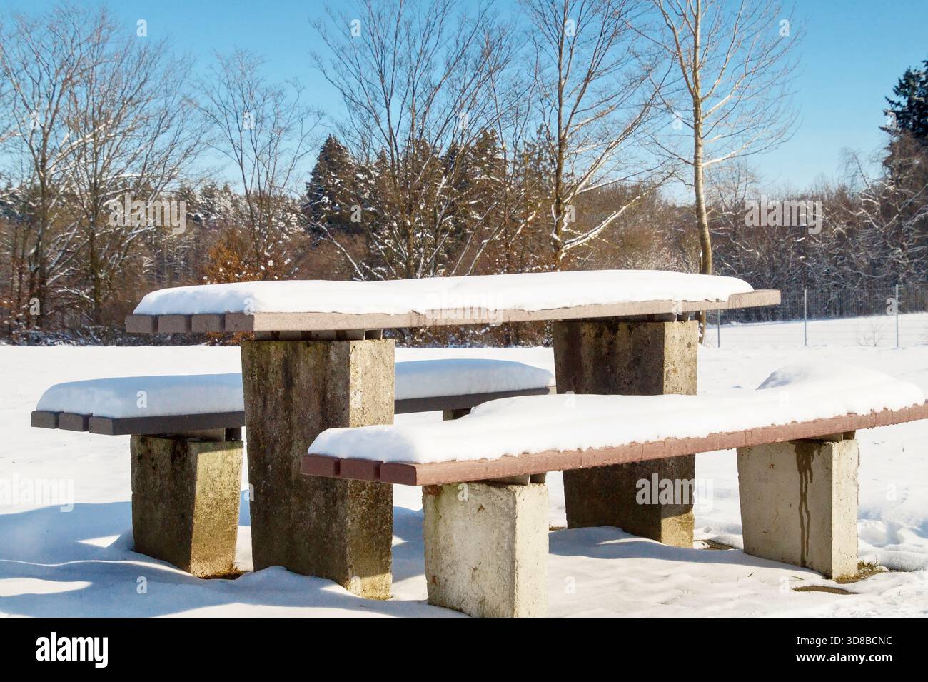 Schneebedeckter Picknicktisch mit Bänken in einer Winterlandschaft, umgeben von einer ruhigen, verschneiten Umgebung. Stockfoto
