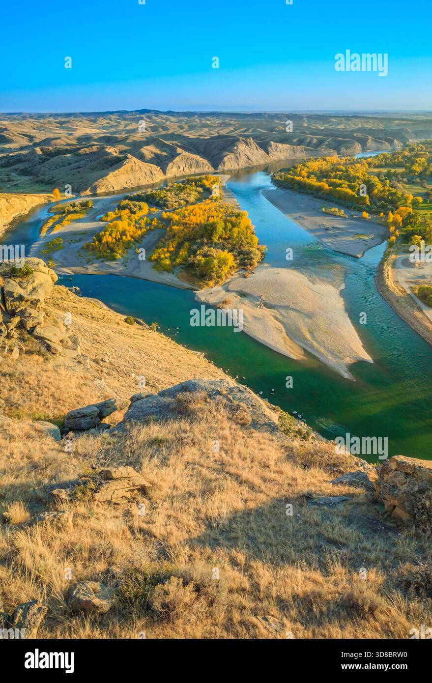 Herbstfarben entlang des Gelbsteinflusses über vier Tänzen in der Nähe von Billings, montana Stockfoto