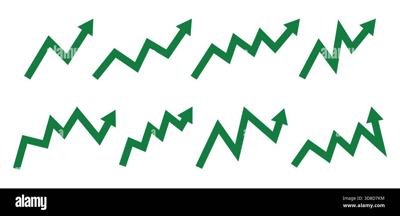 Vektorsatz grüner Zickzack-Pfeile, die das Wachstum des Börsengeschäfts und aufsteigende Finanztrends symbolisieren Stock Vektor