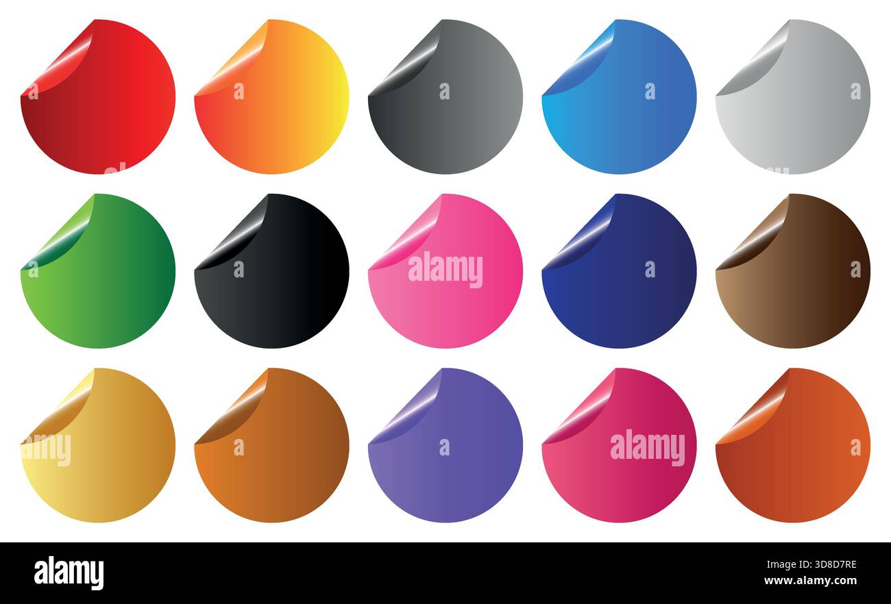 Buntes Vektorset von leeren runden Aufklebern Etiketten mit gewellten Faltecken für Preis Verkauf Tags Abzeichen Aufkleber Stock Vektor