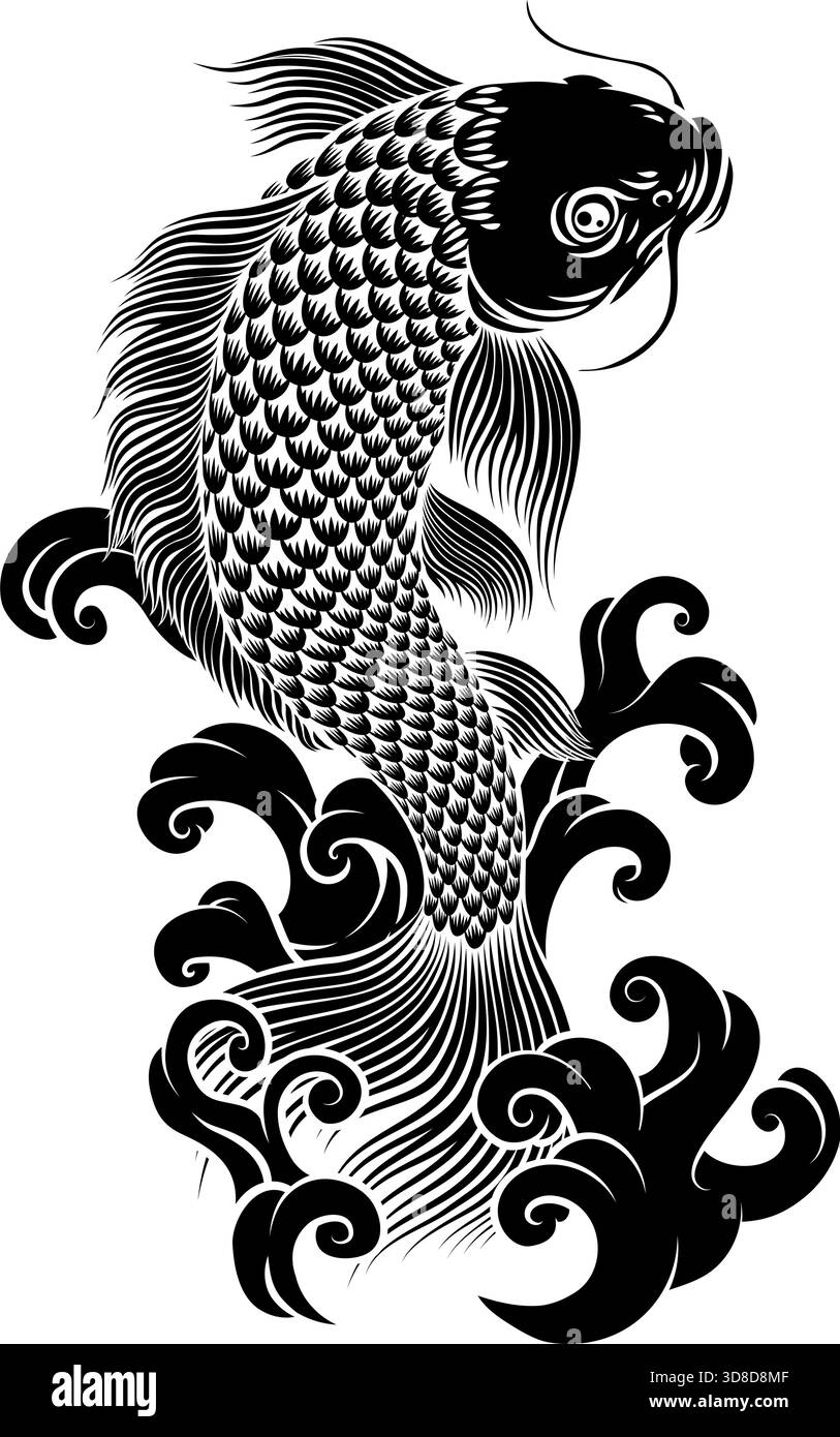 Koi Karpfenfisch Vintage Japanische Holzschnitt-Kunst Stock Vektor