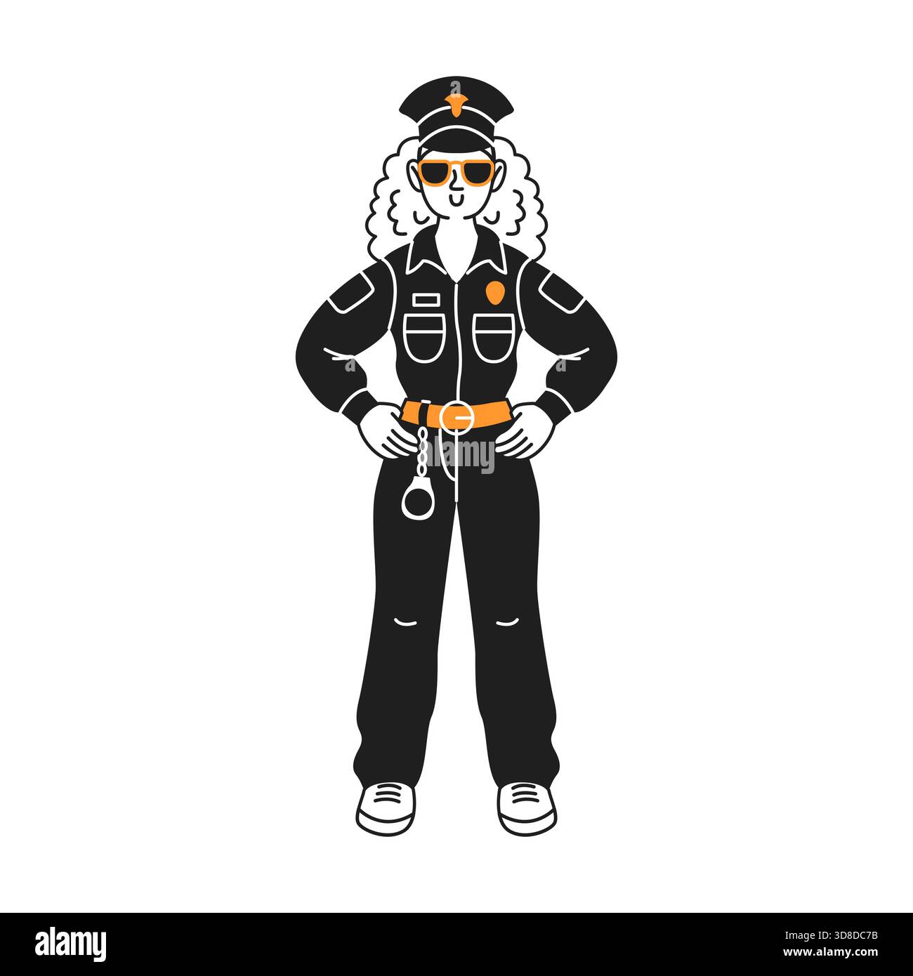 Stilisierte Illustration einer Offizierin mit lockigem Haar in Uniform und Sonnenbrille. Sie steht selbstbewusst mit Händen auf den Hüften und reflektiert die Autorität Stock Vektor
