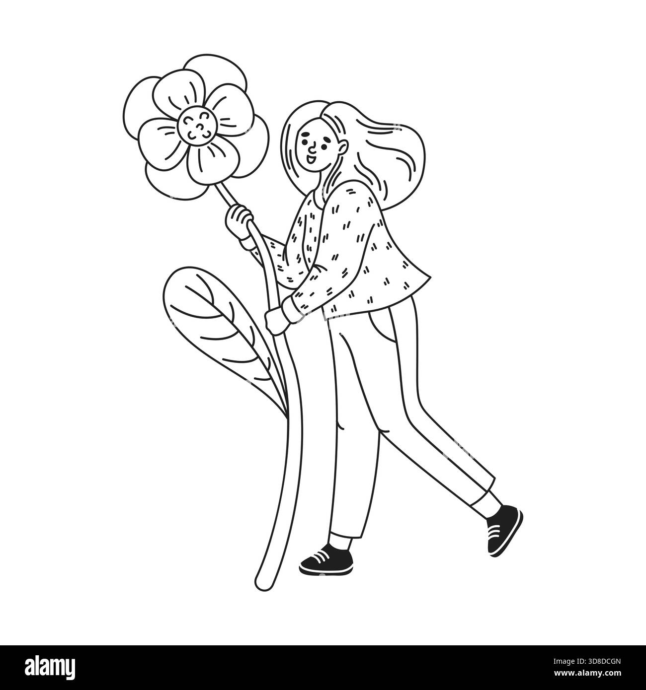 Skurrile Linienkunst eines Mädchens mit langen Haaren, das eine riesige Blume in den Händen hält. Die Szene wird mit einem großen Blatt und einem einfachen monochromen styl hervorgehoben Stock Vektor