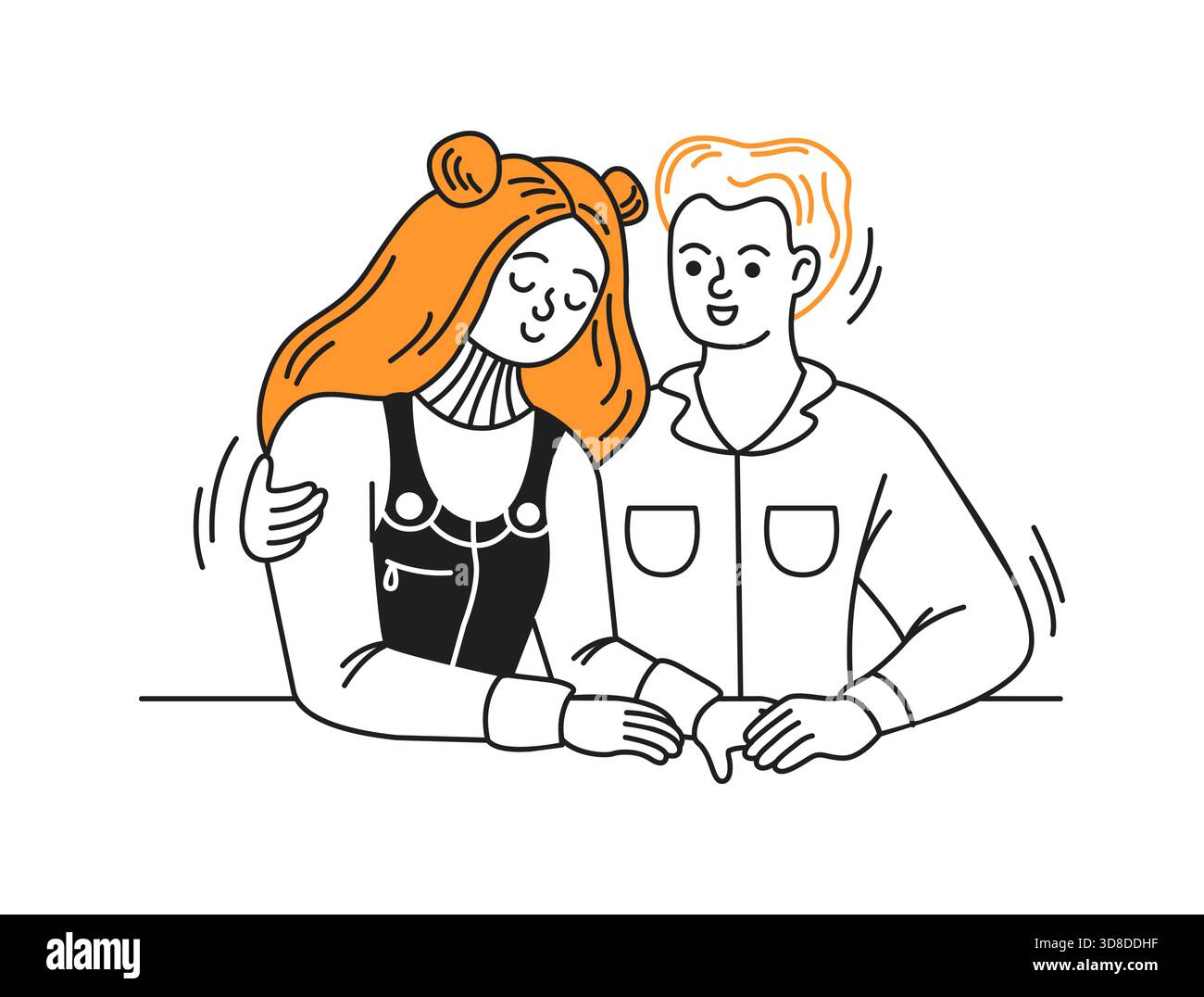 Cartoon-Illustration eines fröhlichen Paares, das eng mit einem Lächeln sitzt. Die Charaktere zeigen Zuneigung und Wärme. Das Bildmaterial ist schlicht schwarz Stock Vektor