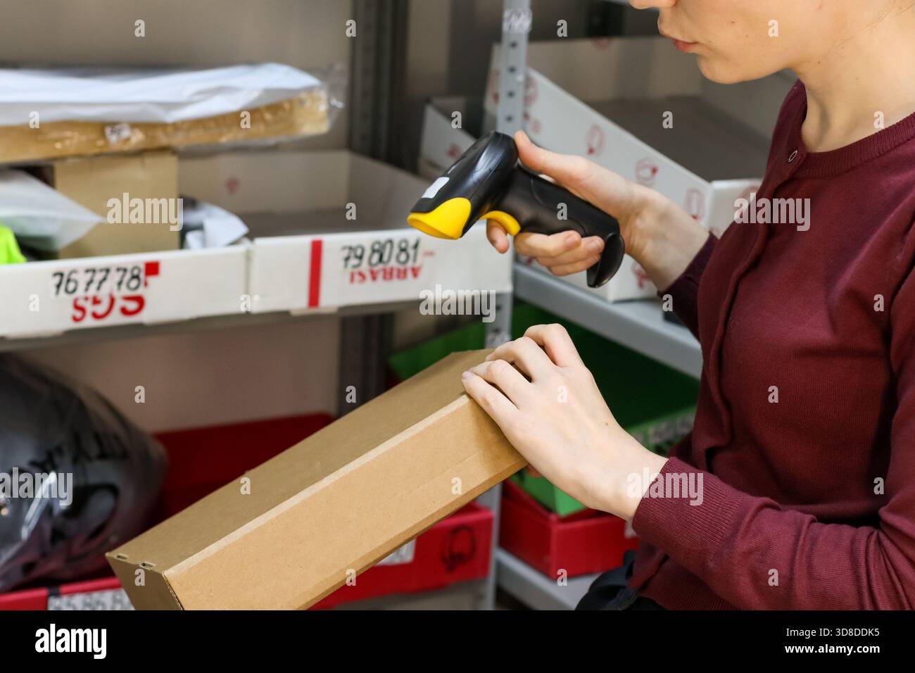 Nahaufnahme des Handscanners mit dem Verpackungscode im Regal im Lager des Lieferauftrags Stockfoto