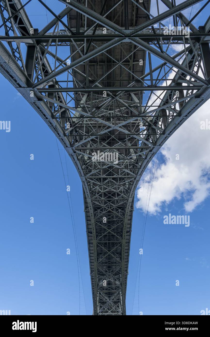 Blick unter der Kornhausbrücke - Kornhausbrücke, Stahlfachwerkbogenbrücke aus dem Jahr 1898 in Bern, Schweiz. Stockfoto