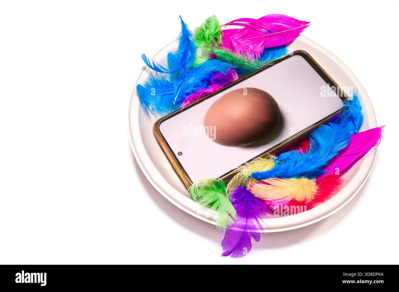 Ein Ei in einem Handy, umgeben von bunten Federn wie ein Nest. Stockfoto