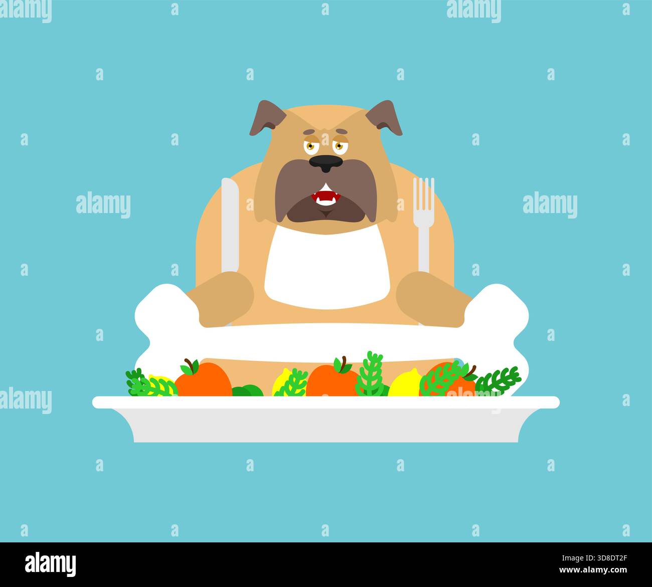 Höflicher Hund, der einen Knochen mit Messer und Gabel isst. Humorvolle Vektor-Illustration eines gut manierten Haustiers beim Abendessen, perfekt für Tier- oder lebensmittelbezogene Desi Stock Vektor