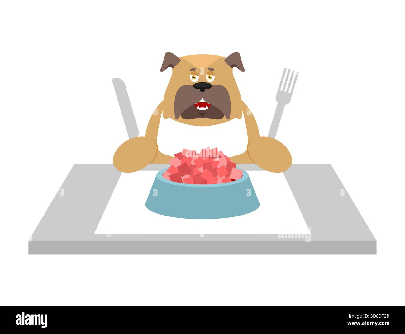 Gut manierter Hund, der Tierfutter mit Besteck isst. Aristokratisches Hunderestaurant, perfekt für Haustiermarken, humorvolle Werbung oder Kindermaterialien. Stock Vektor