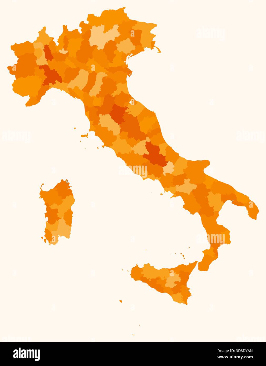 Karte von Italien mit Regionen. Nur eine einfache Ländergrenzkarte mit regionaler Aufteilung. Orangefarbene Farbpalette. Stock Vektor