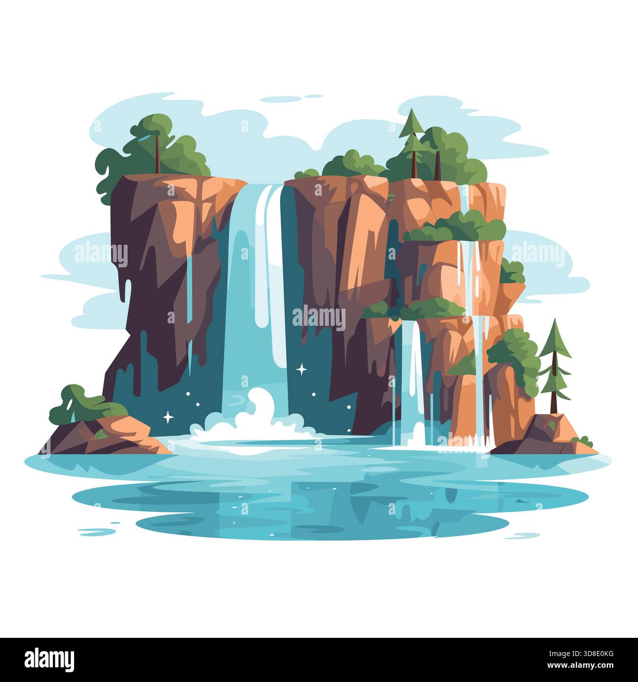 Das Wasser stürzt über felsige Klippen, die mit Bäumen bedeckt sind, in einen blauen See. In dieser friedlichen Szene schimmern Reflexionen auf der Wasseroberfläche. Stock Vektor