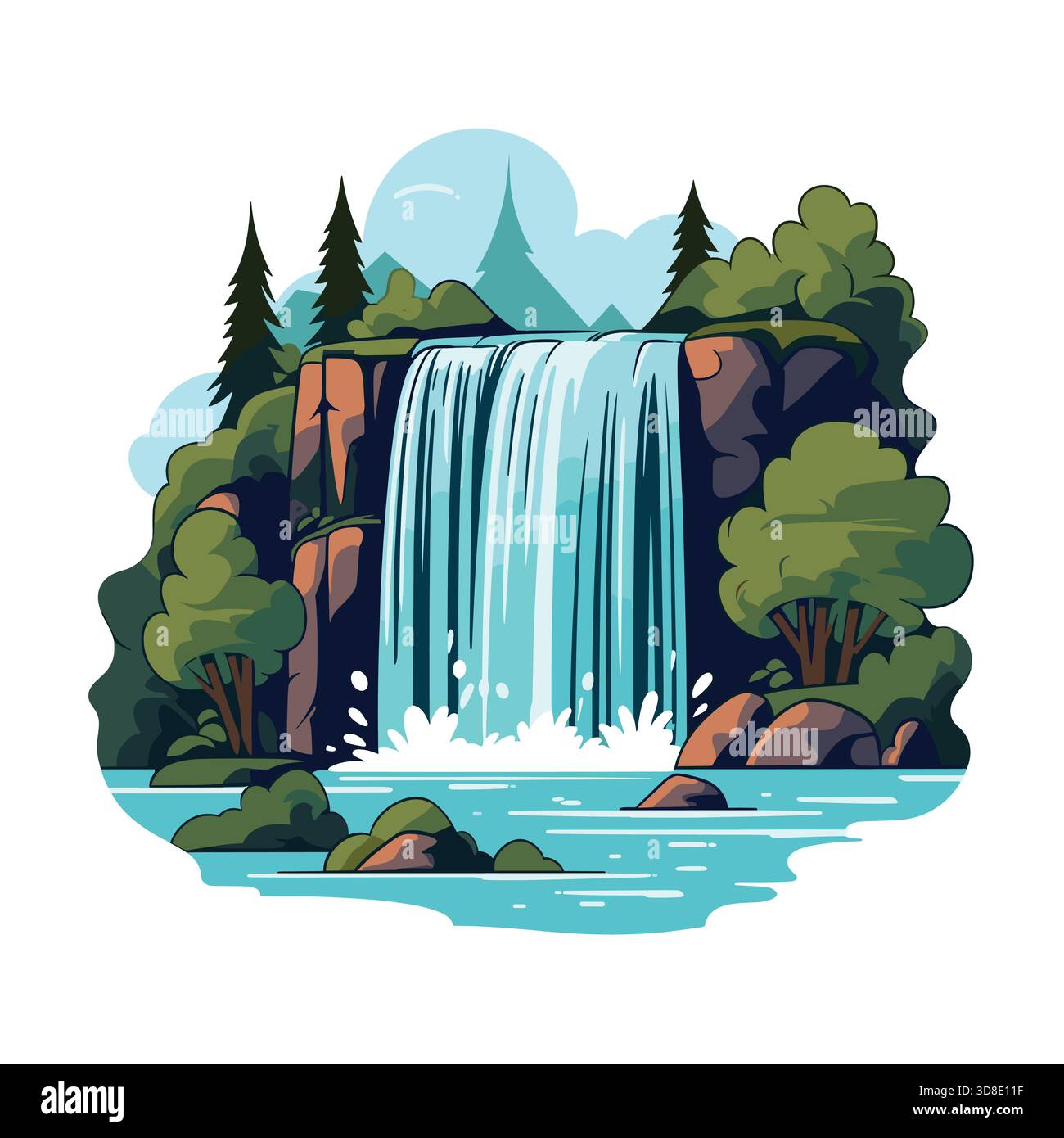 Ein Wasserfall stürzt felsige Klippen hinunter in einen Wasserpool. Üppig grüne Bäume und Büsche umgeben den Wasserfall in einer friedlichen natürlichen Umgebung. Stock Vektor