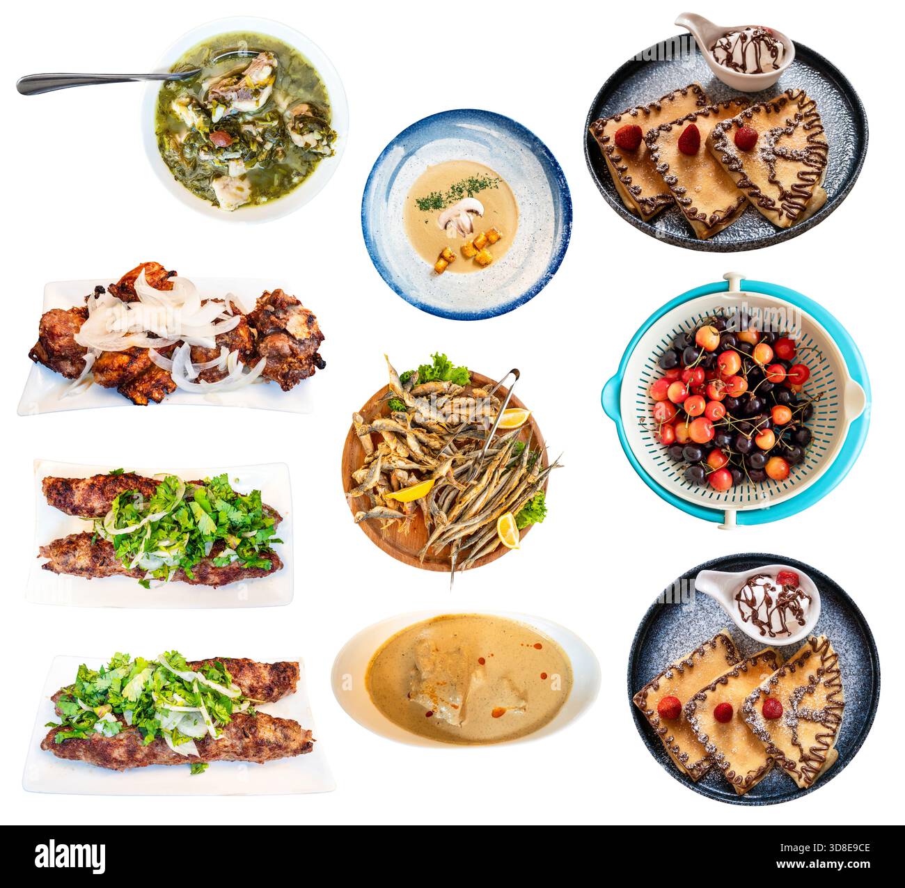 Auswahl verschiedener georgianischer Gerichte auf weißem Hintergrund Stockfoto